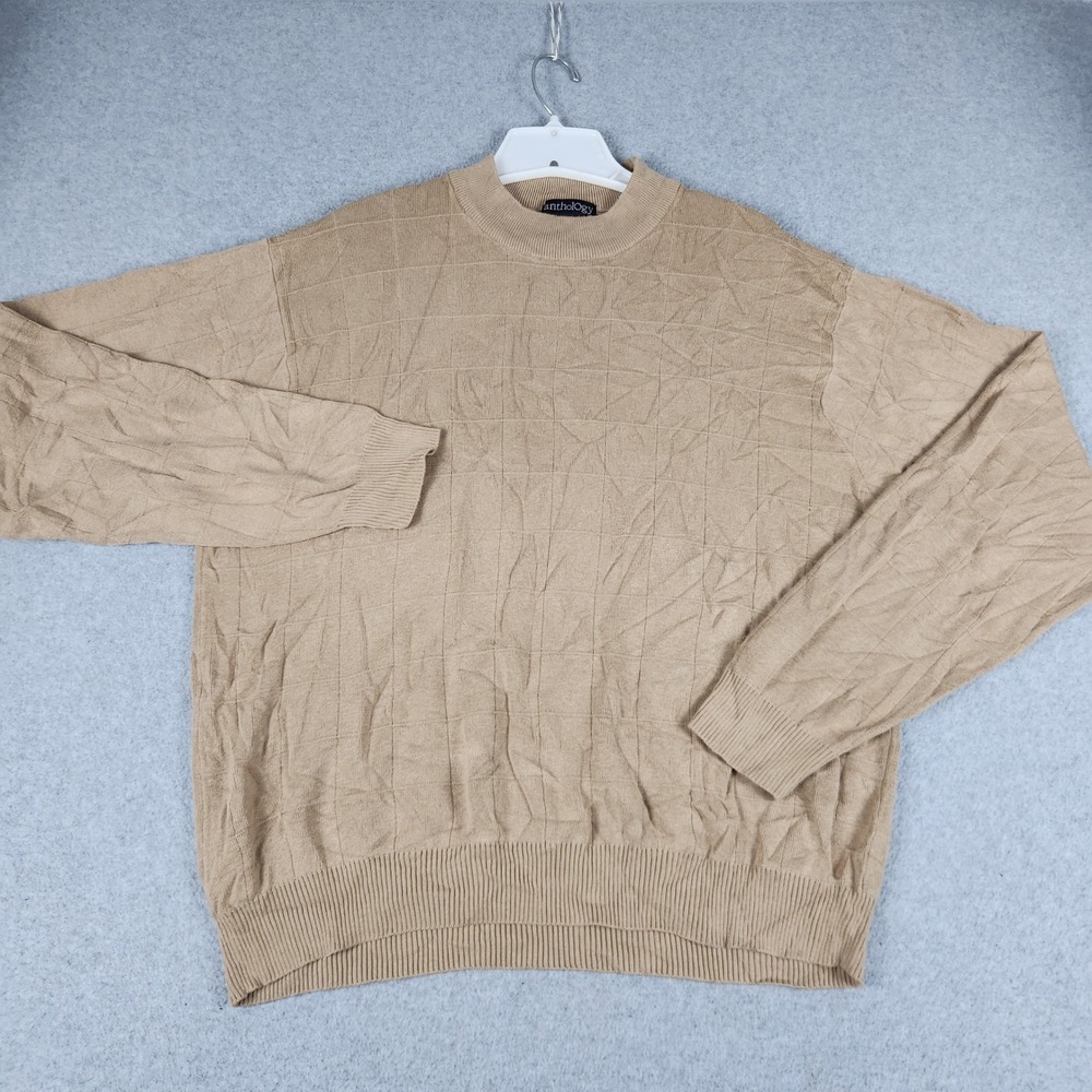 Anthology Sweater Mens 2XL Tan Tight Knit Silk Textured Grid Crew Neck Pullover